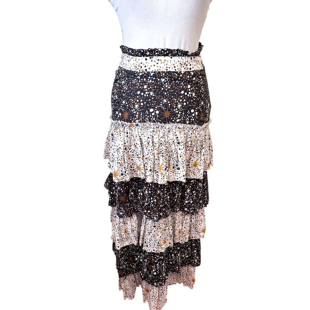 Carolina K Boho Celestial Tiered Maxi Skirt Small Black White Hippie Sun Moon